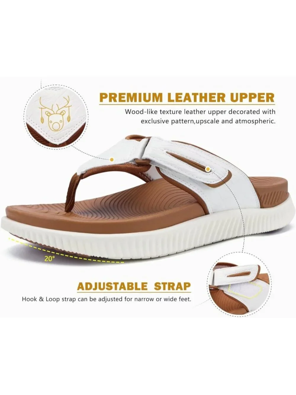 Men's White Orthotic Cushion Flip Flops Athletic Recovery Foam Walking Sandals